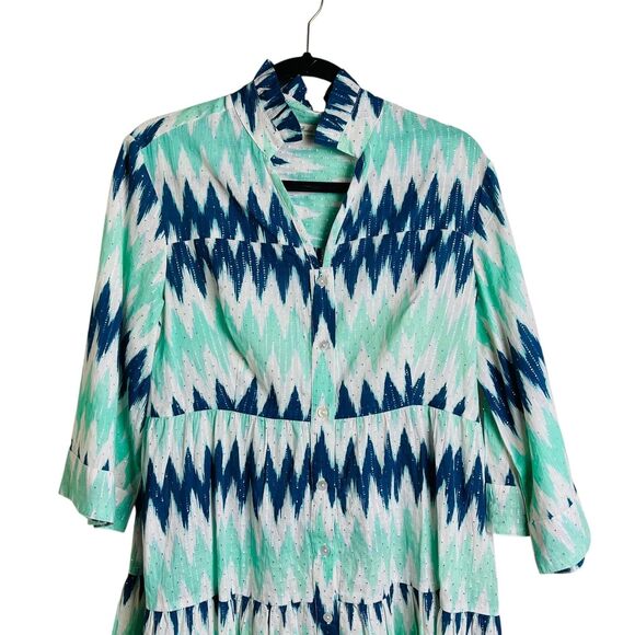 Be Boho Dress Womens Extra Small Blue Green White Ikat Print Button Tiered India - Picture 2 of 9